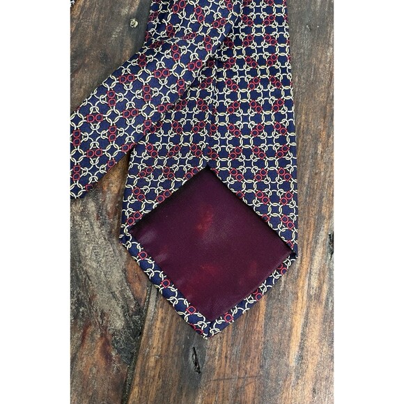 Guccini Mens Silk Italian Neck Tie Red Navy Tan Geometric Pattern Corp Preppy - Picture 5 of 5